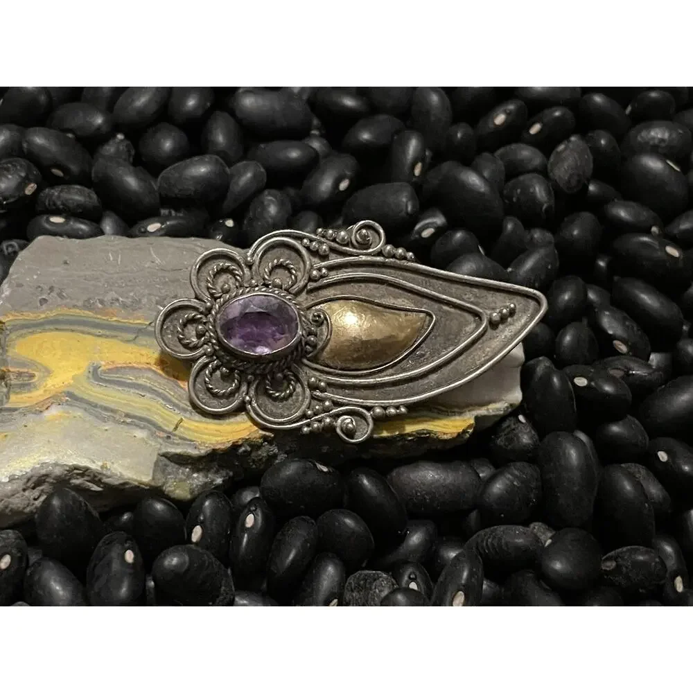 Vintage Sterling Silver & Brass Scroll Pin Brooch Teardrop Cluster Amethyst